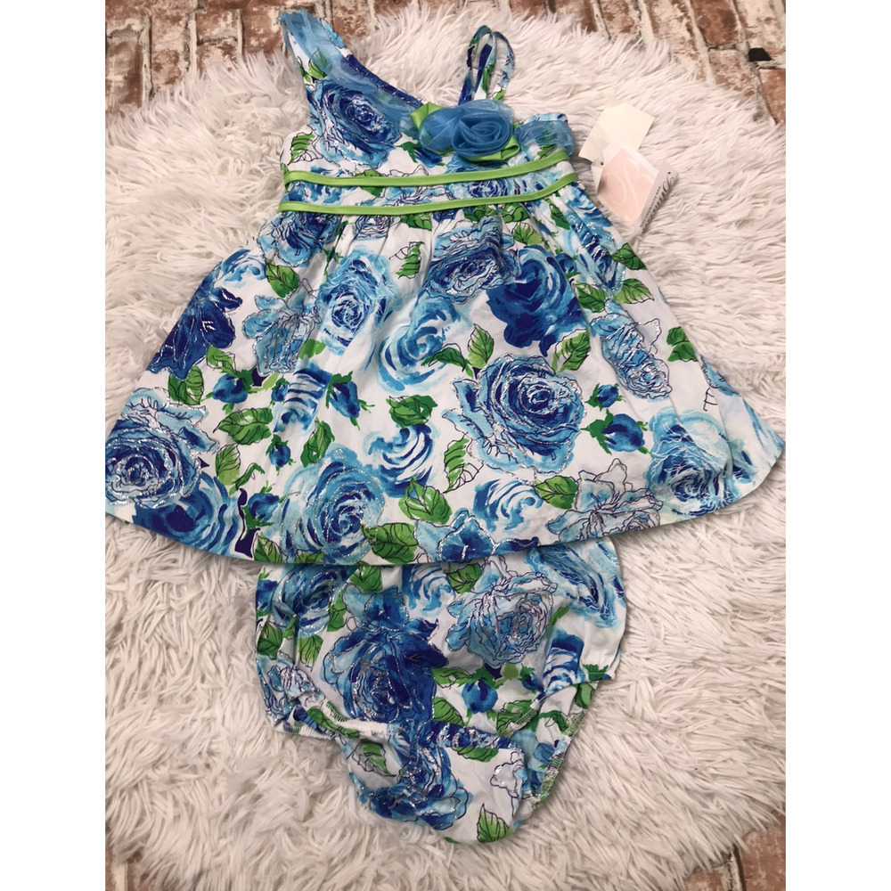 Bonnie Jean Baby Girls 24 Months Blue Shimmer Flora Dress 2Piece w/ Bottom Party
